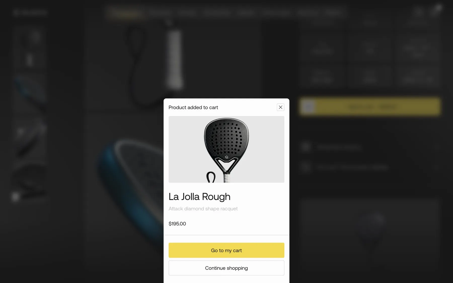 The product added to cart panel, with buttons to go to the cart or continue shopping