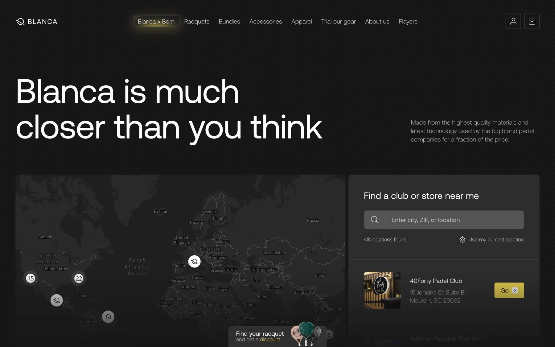 The Blanca club finder, with a map of locations beside a searchable list of clubs