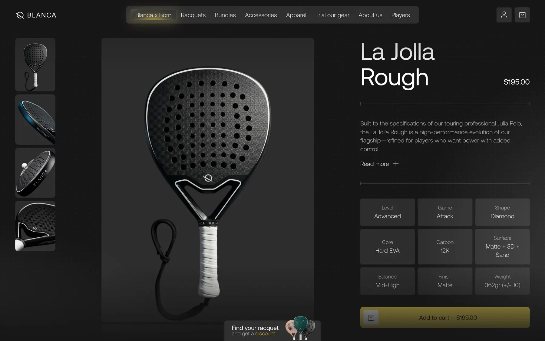 A Blanca padel racquet product page, with the racquet, a grid of specifications and an add to cart button