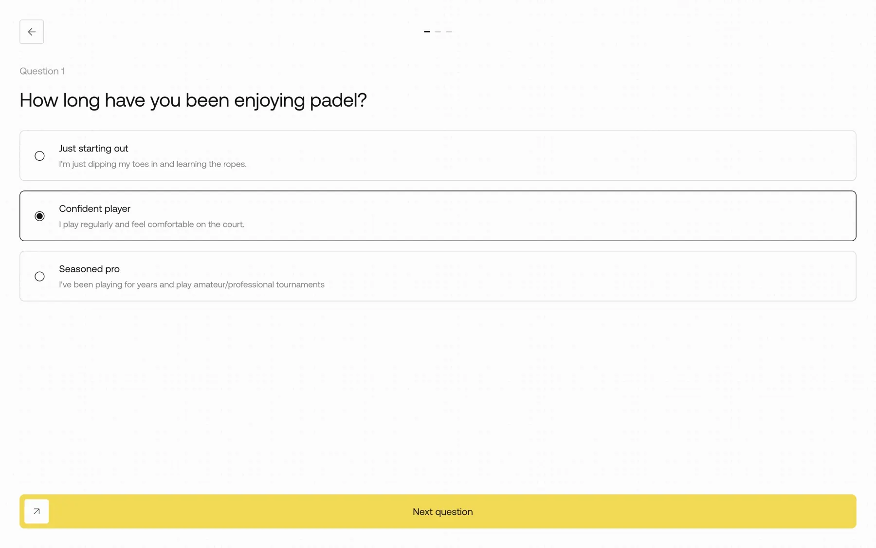 The Blanca racquet quiz, asking how long the player has been enjoying padel, with one answer selected