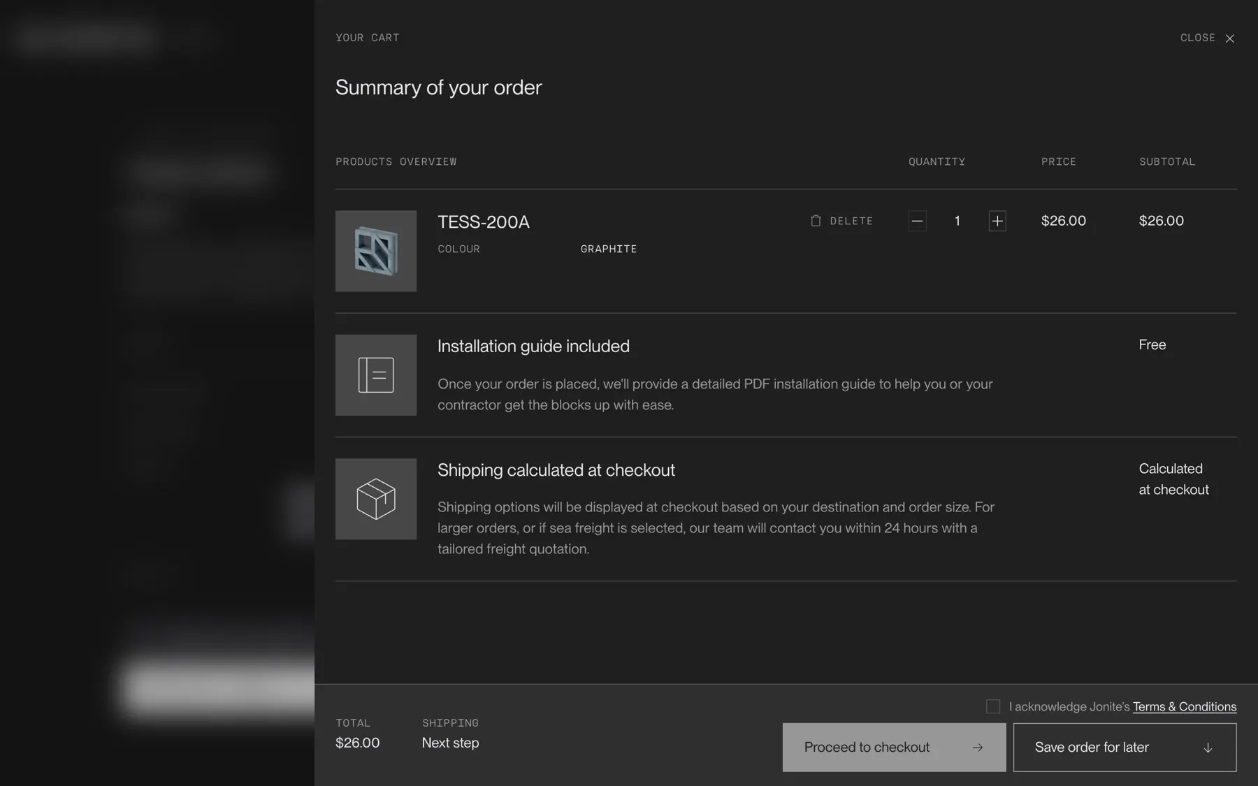 The Jonite cart, summarising an order for a breeze block with a button to proceed to checkout