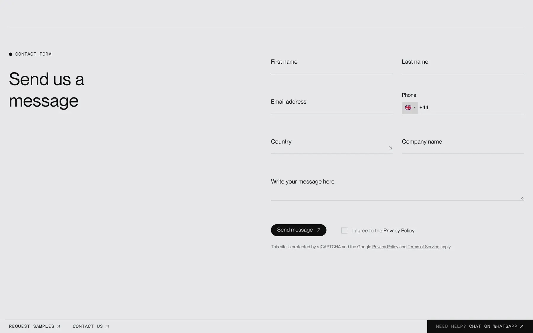 The Jonite contact form, with fields for name, email, phone, country, company and message