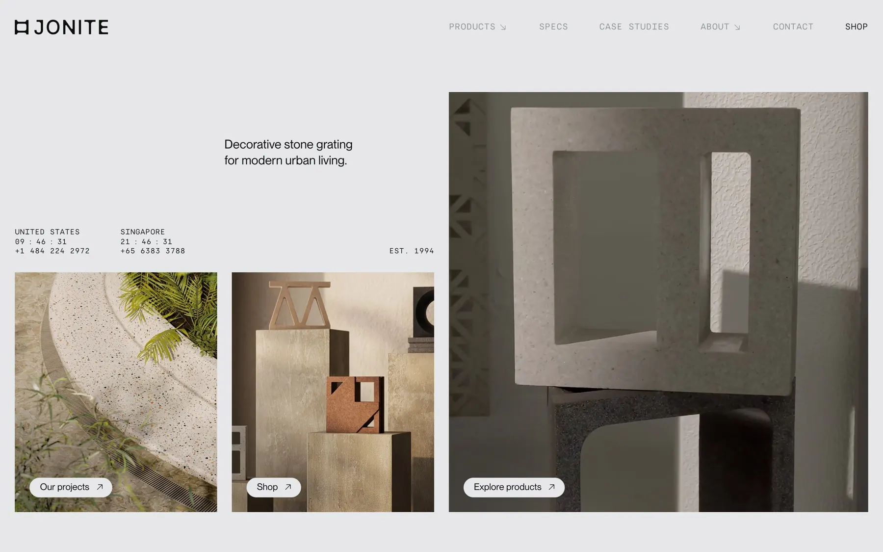 The Jonite homepage, with the headline "Decorative stone grating for modern urban living" above links to projects, the shop and products