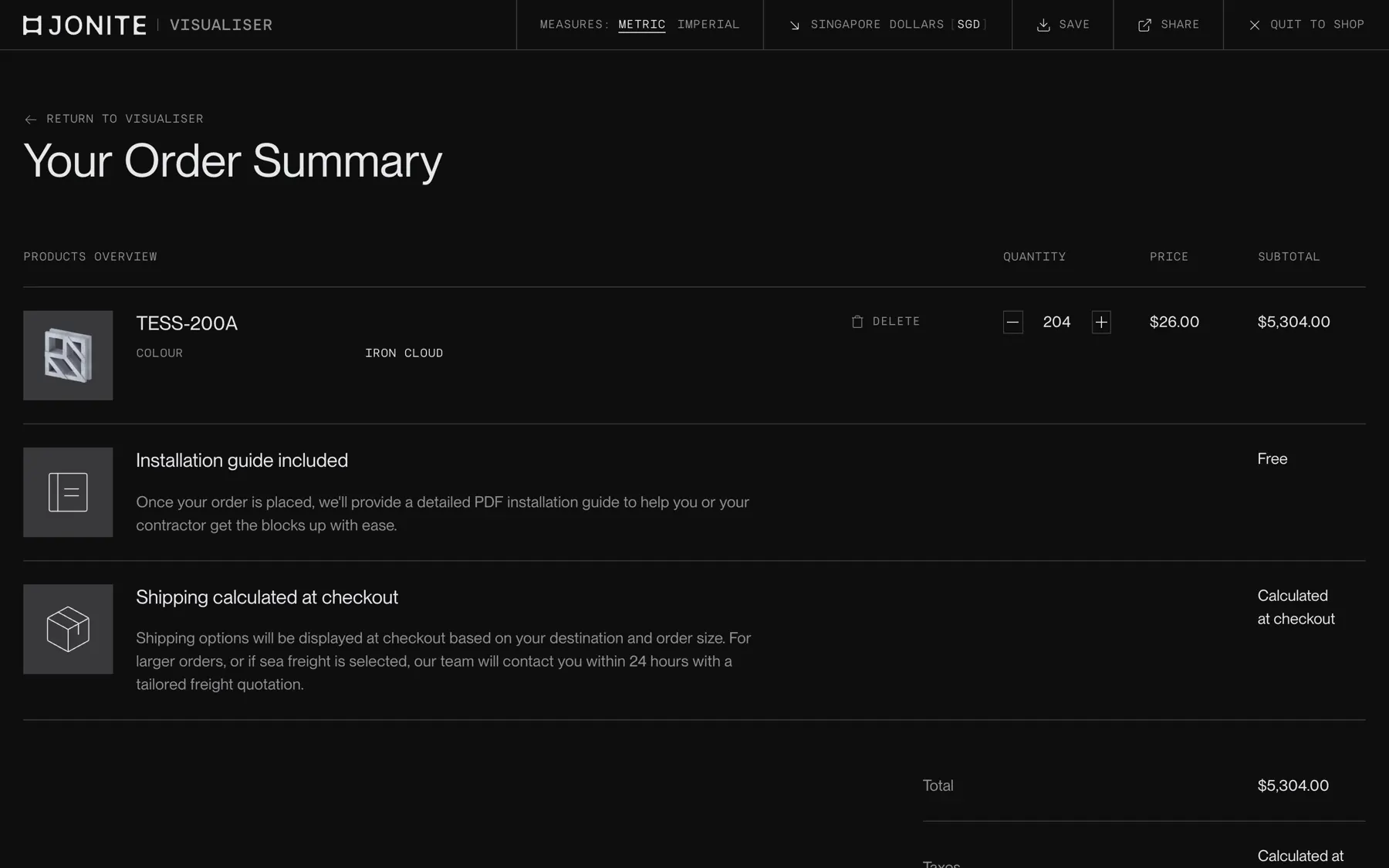 The visualiser's order summary, listing the blocks needed for the design with a total price