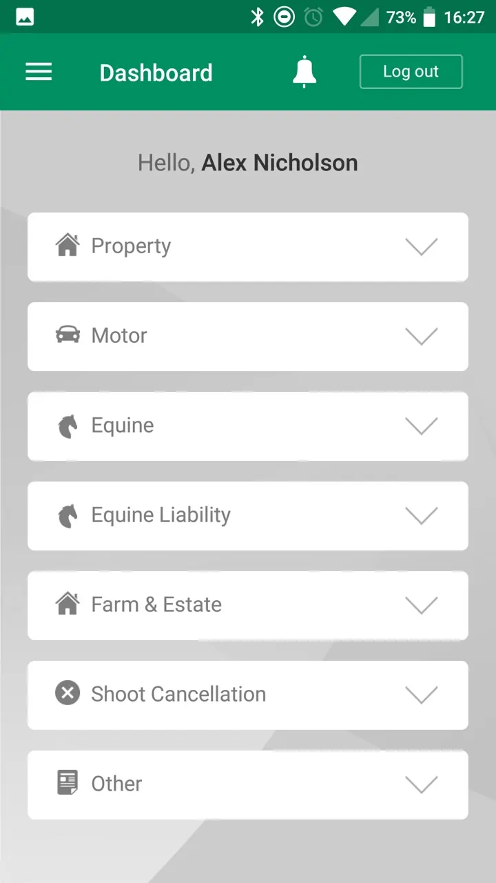 The app dashboard, listing categories of insurance including property, motor and equine