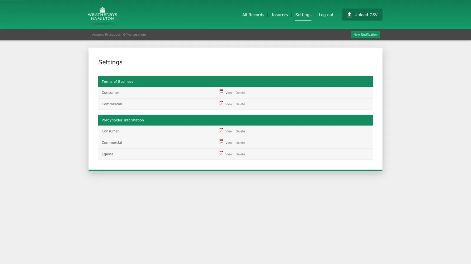 The CMS settings page, listing the terms of business and policyholder information documents